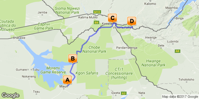 Route der 9-tägigen Entdecksafari in Botswana